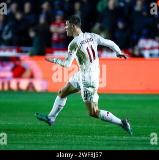 Rodney Parade, Newport, Royaume-Uni. 28 janvier 2024. FA Cup Fourth Round football, Newport County contre Manchester United ; Rasmus Hojlund de Manchester United crédit : action plus Sports/Alamy Live News Banque D'Images