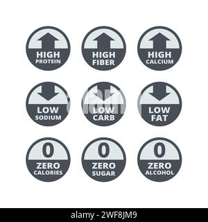 Marqueurs de vecteurs riches en protéines, en fibres et à faible teneur en sucre. Ensemble d'étiquettes zéro alcool et calories. Illustration de Vecteur