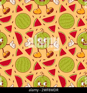 Pastèque un personnage de dessin animé rétro mignon. Groovy vintage modèle sans couture d'été. Style ancien à la mode. 1970s. Fruits exotiques tropicaux. Nourriture saine. Pour Illustration de Vecteur