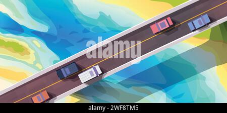 voitures sur le pont avec vue de dessus de la rivière Illustration de Vecteur