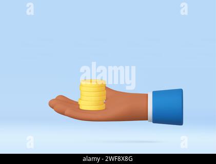 Main de dessin animé 3D tenant la pile de pièces. Illustration de Vecteur
