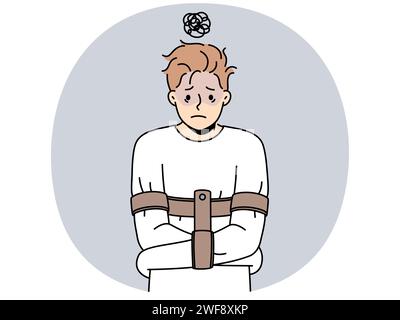 L'homme stressé dans le manteau de straitjade souffrent de problèmes mentaux. Un gars malheureux lutte contre les problèmes psychologiques dans l'hôpital psychiatrique. Illustration vectorielle. Illustration de Vecteur