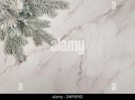 Composition de Noël, branches de sapin, fleurs d'hiver sur fond de marbre blanc. Noël, nouvel an, concept d'hiver. Vue de dessus, plat, copie spa Banque D'Images