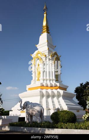 Une statue d'éléphant se dresse fièrement devant un bâtiment historique, mettant en valeur la beauté architecturale et la grandeur de l'éléphant. Banque D'Images