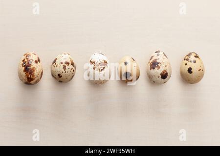 oeufs de caille disposés sur fond en bois blanc Banque D'Images