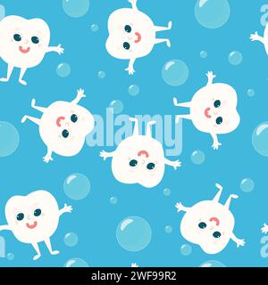 Modèle sans couture de merveilleuse dent de bébé heureuse en bonne santé avec des bulles de savon sur fond bleu. Motif pour textiles. Illustration de Vecteur
