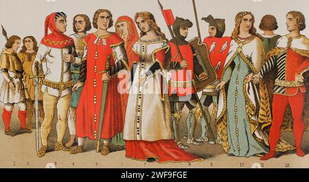 Histoire de l'Espagne. 1300. De gauche à droite, 1-2, chasseurs, 3-4-5, nobles, 6-7, nobles, 8-9, guerriers, 10 : noble dame, 11-12, nobles. Chromolithographie. Historia Universal', de César Cantú. Volume VI, 1885. Banque D'Images