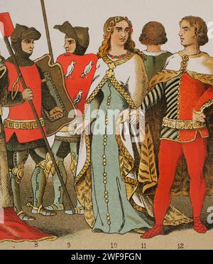 Histoire de l'Espagne. 1300. De gauche à droite, 8-9, guerriers, 10, noble dame, 11-12, nobles. Chromolithographie. Historia Universal', de César Cantú. Volume VI, 1885. Banque D'Images