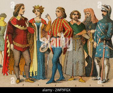 Histoire de l'Angleterre. 1300-1400. De gauche à droite, 5-6, robes de cour, 7, chevalier, 8, citoyen (gens ordinaires), 9, seigneur, 10, chevalier, 1377. Chromolithographie. Détails. Historia Universal', de César Cantú. Volume VI, 1885. Banque D'Images