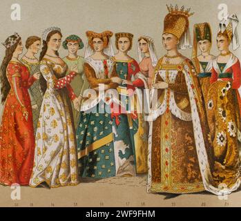 Histoire de France. 1300. De gauche à droite, 12 : Reine, 13-14-15-16 : dame, 17 : princesse, 18 : dame, 19-20-21, Isabelle de Bavière (épouse du roi Charles VI) et dames de sa suite. Chromolithographie. Historia Universal', de César Cantú. Volume VI, 1885. Banque D'Images