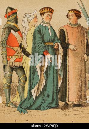 Histoire de l'Angleterre. 1400-1450. De gauche à droite, 1 : chevalier (1417), 2 : dame, 3 : Roi Henri V d'Angleterre (1386-1422), 4 : comte. Chromolithographie. Historia Universal', de César Cantú. Volume VI, 1885. Banque D'Images