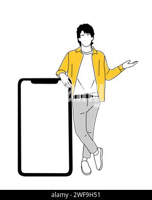 Jeune homme montrant le vecteur de maquette de téléphone intelligent. Illustration de Vecteur