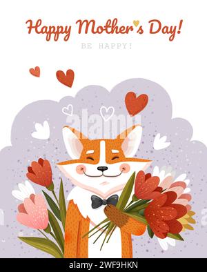 Carte de fête des mères joyeuses avec renard roux et fleurs, coeurs Illustration de Vecteur