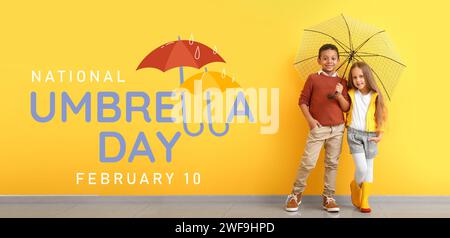 Bannière pour la Journée nationale des parapluies avec de petits enfants tenant un parapluie Banque D'Images