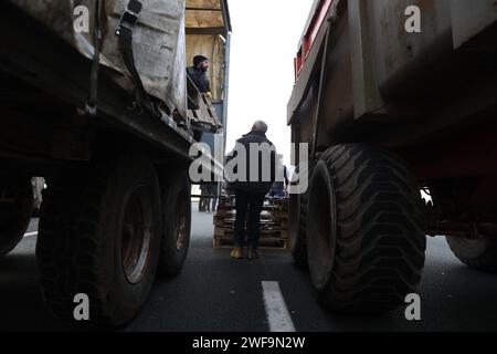 Argenteuil, France. 29 janvier 2024. Mobilisation des agriculteurs entre le pont de Gennevilliers (hauts-de-Seine) et la D311 (Val-d'Oise) demandant une augmentation des salaires, la suppression de la taxe sur les carburants ou encore la baisse des normes, le 29 janvier 2024 à Argenteuil. Photo de Christophe Michel/ABACAPRESS.COM crédit : Abaca Press/Alamy Live News Banque D'Images