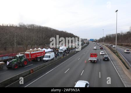 Argenteuil, France. 29 janvier 2024. Les tracteurs et les agriculteurs bloquent l'accès à l'autoroute A15. Mobilisation des agriculteurs entre le pont de Gennevilliers (hauts-de-Seine) et la D311 (Val-d'Oise) demandant une augmentation des salaires, la suppression de la taxe sur les carburants ou encore la baisse des normes, le 29 janvier 2024 à Argenteuil. Photo de Christophe Michel/ABACAPRESS.COM crédit : Abaca Press/Alamy Live News Banque D'Images