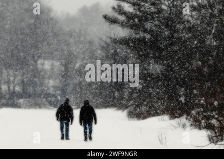 Deux copains marchant sur une route hivernale enneigée dans le comté de Mecosta, Michigan, États-Unis Banque D'Images