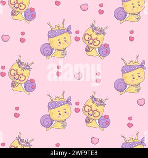 Motif sans couture avec une paire groovy mignonne de personnage d'escargots hippy sur fond rose. Des insectes kawaii drôles. Illustration vectorielle cool dans la rue rétro tendance Illustration de Vecteur