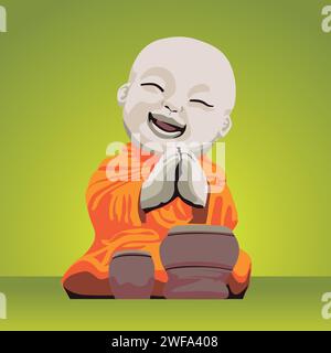 petit bouddha avec tambour. Statue de personnage de dessin animé de moine bouddhiste. Illustration de Vecteur