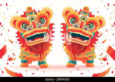 Célébration de danse de lions chinois montrent fond blanc Illustration de Vecteur