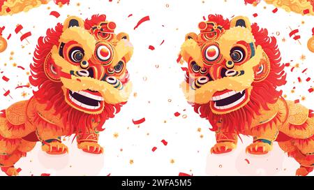 Célébration de danse de lions chinois montrent fond blanc Illustration de Vecteur