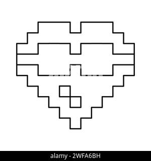 Sourire ou sourire émotion de visage, coeur dans des lunettes sombres émoticône ou emoji dans le style de pixel, illustration vectorielle de contour pour le livre de coloriage d'enfants Illustration de Vecteur