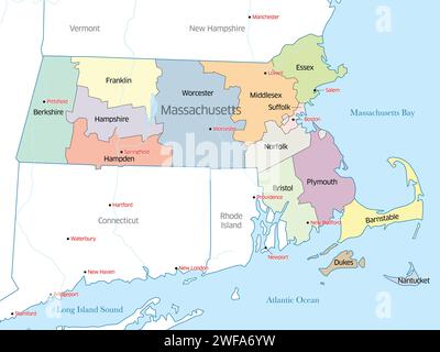 Carte politique des comtés composant l'État du Massachusetts Banque D'Images