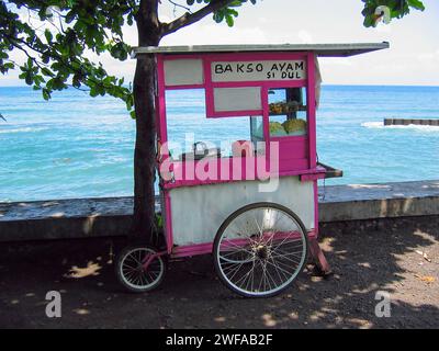 Un gerobak ou panier traditionnel de nourriture de rue indonésien vendant Bakso Ayam ou boulettes de poulet à Bali, Indonésie. Banque D'Images