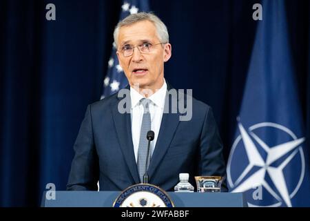 Washington, États-Unis. 29 janvier 2024. Le secrétaire général de l'OTAN, Jens Stoltenberg, s'exprimant lors d'une conférence de presse OTAN/États-Unis au Département d'État américain à Washington, DC. Crédit : SOPA Images Limited/Alamy Live News Banque D'Images