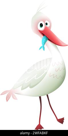Oiseau Pelican drôle avec dessin animé de poisson pour les enfants Illustration de Vecteur