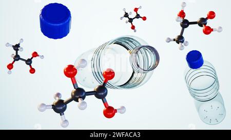 le rendu 3d des molécules d'acide lactique flotte au-dessus des bouteilles d'eau en plastique bleu sur le fond bleu clair Banque D'Images