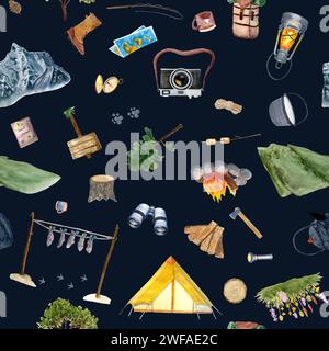 Aquarelle aventure camping motif multidirectionnel sans couture sur fond bleu foncé Banque D'Images