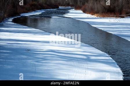 28 janvier 2024 : eaux libres trouvées le long de la rivière Gunnison en amont du réservoir Blue Mesa. Le réservoir central ColoradoÃs de Blue Mesa et la vallée de Gunnison sont d’importantes ressources en eau de l’Ouest et sont surveillés de très près tout au long de l’hiver pour les prévisions de ruissellement vitales du manteau neigeux affectant les collectivités en aval plus tard au printemps et en été. Gunnison, Colorado (image de crédit : © Larry Clouse/CSM/Cal Sport Media) Banque D'Images