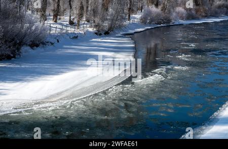 28 janvier 2024 : coulées de glace le long de la rivière Gunnison en amont du réservoir Blue Mesa. Le réservoir central ColoradoÕs de Blue Mesa et la vallée de Gunnison sont d’importantes ressources en eau de l’Ouest et sont surveillés de très près tout au long de l’hiver pour les prévisions de ruissellement vitales du manteau neigeux affectant les collectivités en aval plus tard au printemps et en été. Gunnison, Colorado Banque D'Images