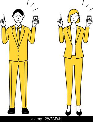 Illustration simple de dessin de ligne d'homme d'affaires et femme d'affaires dans un costume prenant des mesures de sécurité pour son téléphone. Illustration de Vecteur