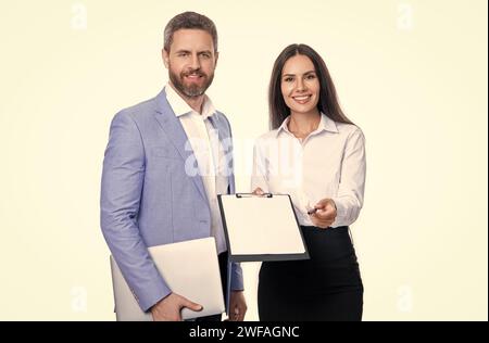 signature des hommes d'affaires isolée sur blanc, mise au point sélective. Banque D'Images