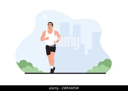 Homme jogging dans le parc. Illustration vectorielle dans le style de dessin animé plat. Illustration de Vecteur