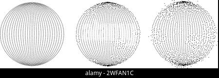 Ensemble de sphères pointillées avec effet fondu. Collection de cercles de désintégration de stipples. Boules texturées en demi-teinte avec grain de travail de point de bruit. Particules grunges radiales. Faisceau d'éléments de sphère de point. Pack Vector Illustration de Vecteur