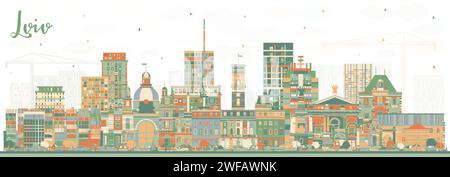 Lviv Ukraine City Skyline avec des bâtiments de couleur. Illustration vectorielle. Paysage urbain de Lviv avec des monuments. Illustration de Vecteur