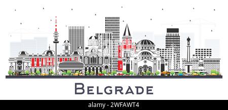 Belgrade Serbia City Skyline avec des bâtiments de couleur isolés sur blanc. Illustration vectorielle. Paysage urbain de Belgrade avec des monuments. Illustration de Vecteur