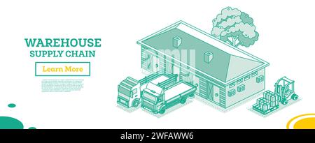 Petit entrepôt de contour isométrique. Fait partie de la chaîne d'approvisionnement. Entrepôts de stockage avec des camions isolés sur fond blanc. Illustration vectorielle. Illustration de Vecteur