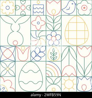 Motif sans couture géométrique de pâques de ligne abstraite. Contour arrière-plan vectoriel simple avec lapin, oeufs de pâques, fleurs de printemps, tilip, poussin. Illustration de Vecteur