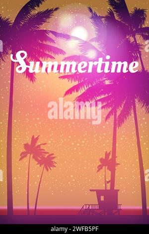 Affiche rétro Summertime, coucher de soleil. Maison de sauveteur sur la plage Illustration de Vecteur