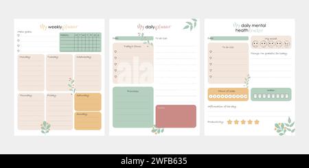 Modèle de journal à puces. Raboteuse hebdomadaire et quotidienne. Planeur de santé mentale. Prêt à imprimer 8,5x11 pages Illustration de Vecteur