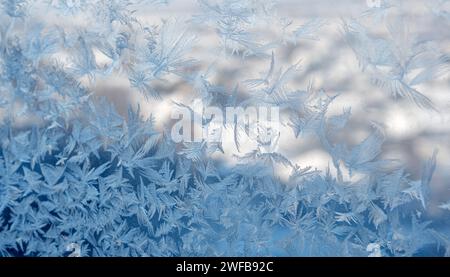 Motifs givrés exquis formant un motif en dentelle sur une vitre, capturant l'essence de la touche hivernale. Banque D'Images