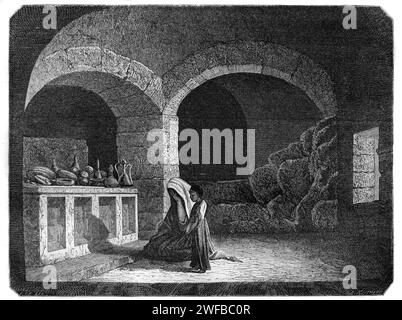 Visiteurs priant dans la grotte, grotte ou sanctuaire de Saint George Jounieh Liban. Gravure vintage ou historique ou Illustration 1863 Banque D'Images