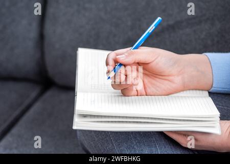 Une femme est assise sur le canapé, écrivant dans son journal Banque D'Images