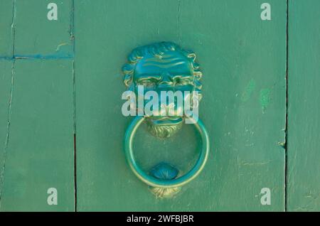 Porte en bois vintage vert avec poignées en tête de lion. Porte avant. gros plan. Banque D'Images