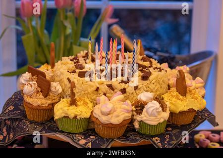 Un gâteau d'anniversaire au chocolat blanc avec des bougies éteintes entouré de cupcakes faits maison recouverts d'une décoration individuelle et d'un glaçage au beurre Banque D'Images