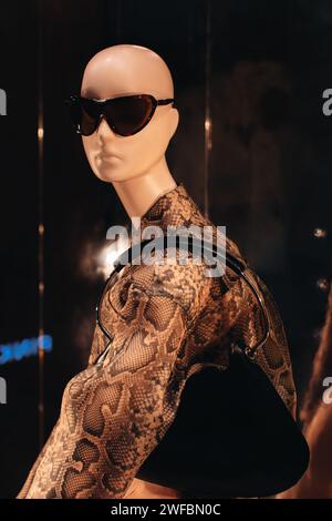 Mannequin élégant dans une fenêtre de boutique habillé d'une veste en cuir avec un imprimé serpent, lunettes de soleil et sac à main de maintien Banque D'Images